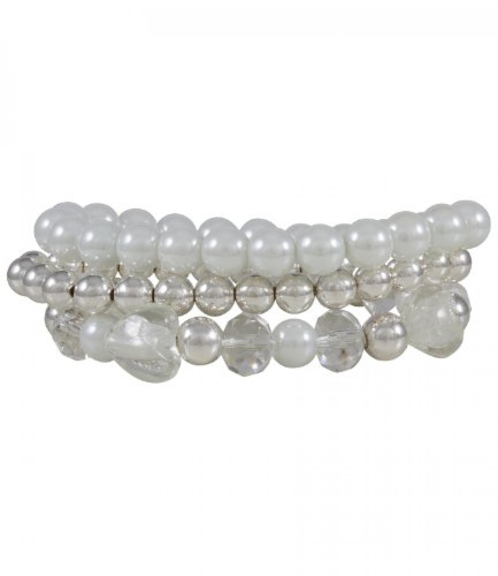 SIX "Bride" 3er Set elastische Armbänder aus Kunstperlen Weiß Silber (358-449) 